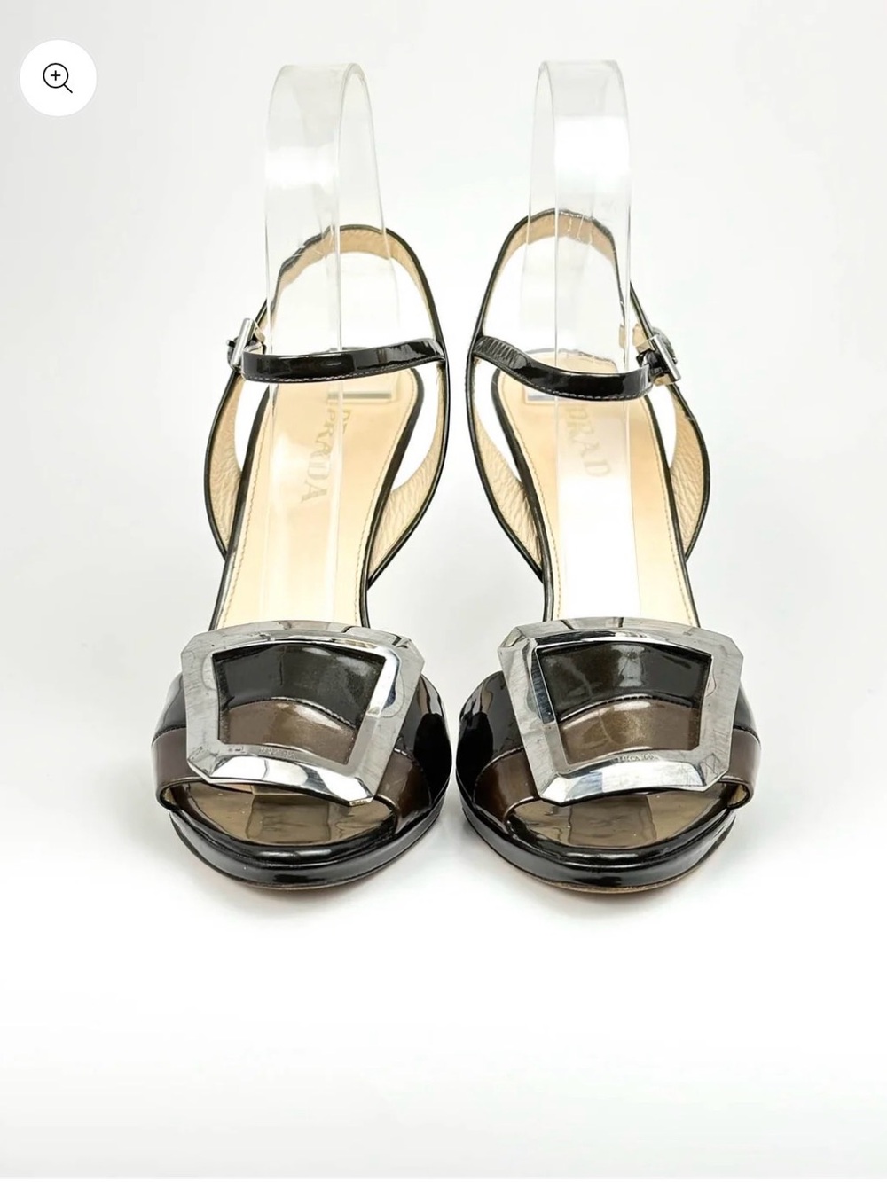 Authentic Prada Black Patent Open-Toe Slingbacks with Silver Buckle Accent